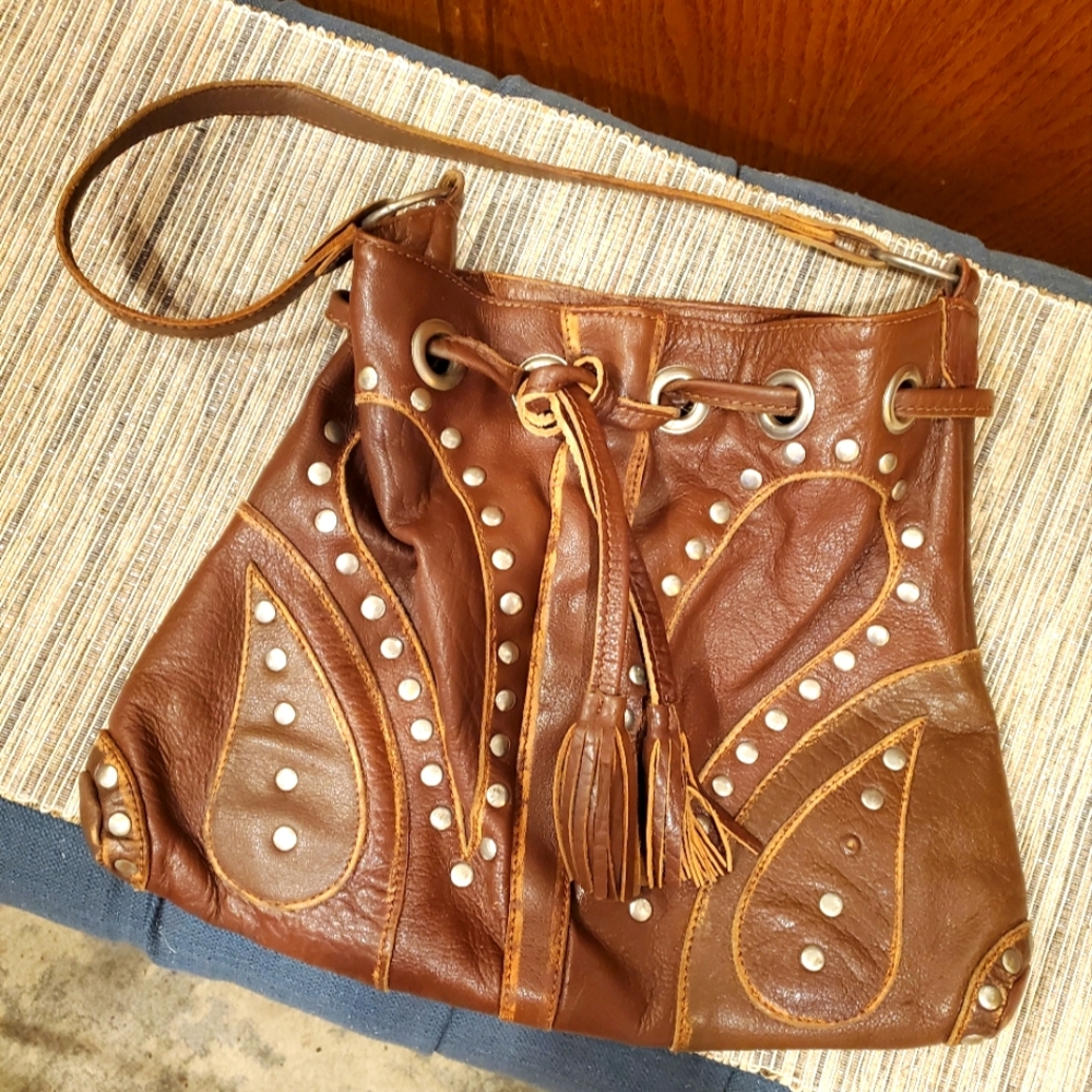 Brown Boho Chic Vegan Leather Silver Studded Shoulder Bucket Bag with Tassels